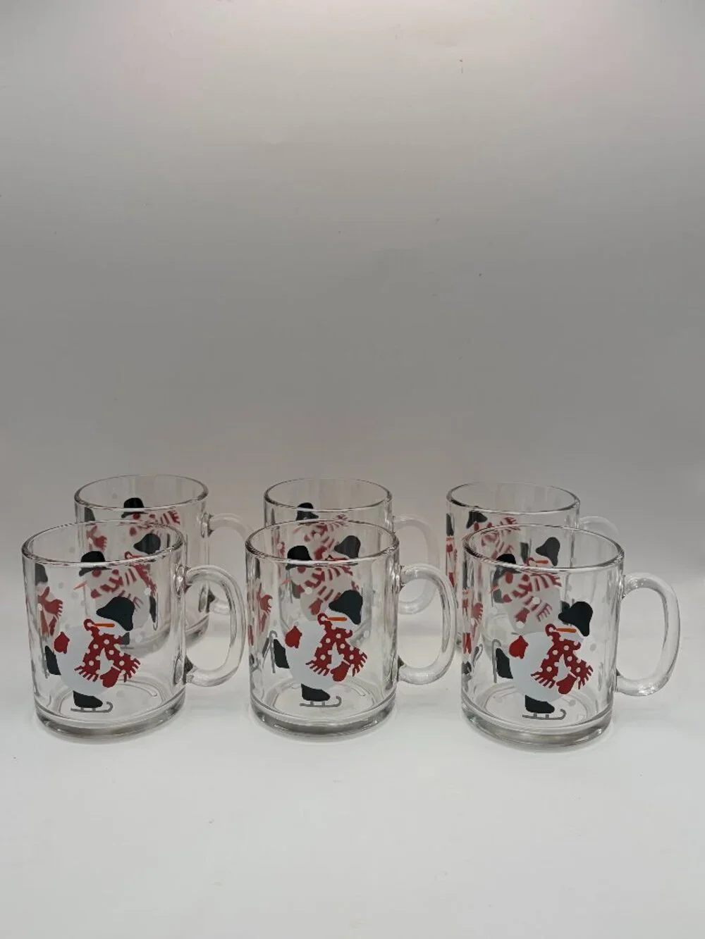 Crate & Barrel Snowman Glass Mugs Set of 6 | Holiday Winter Coffee Cups